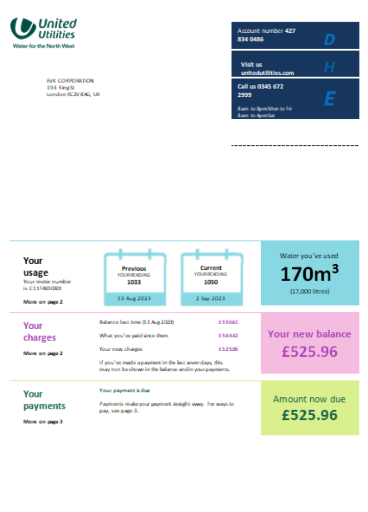 United Utilities utility business bill, SCR PSD template